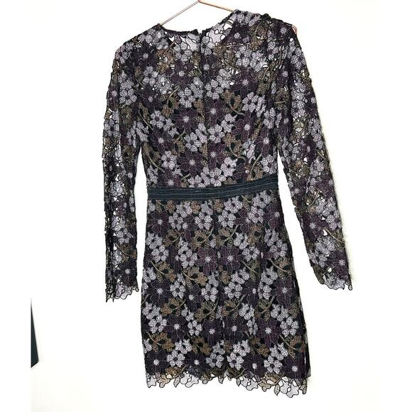 CYNTHIA ROWLEY Linden Purple Black Lace Floral Bell Sleeves Mini Dress Size 4 - Picture 4 of 13